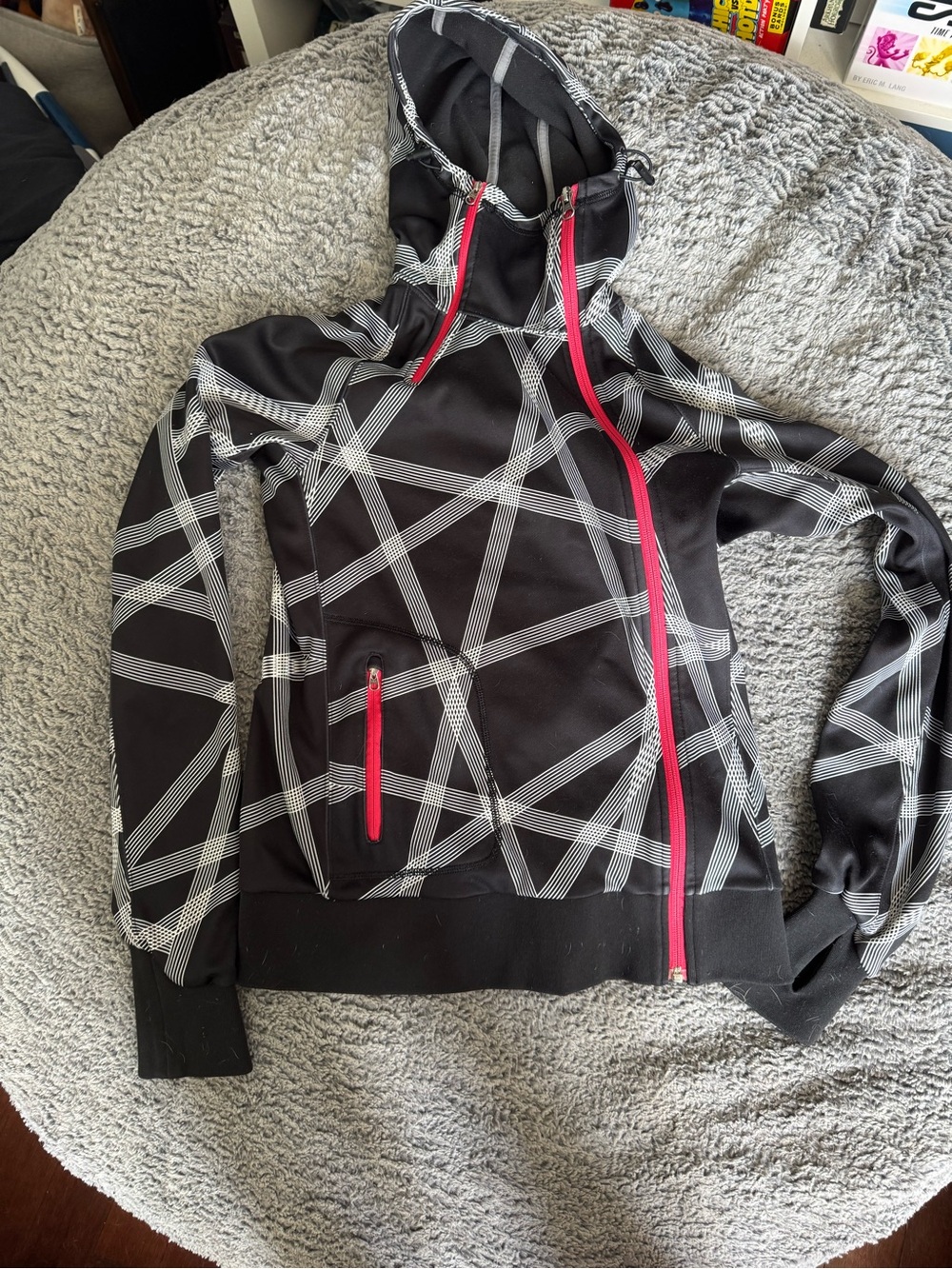 The North Face Black Geometric Hoodie Jacket with Pink Zippers
